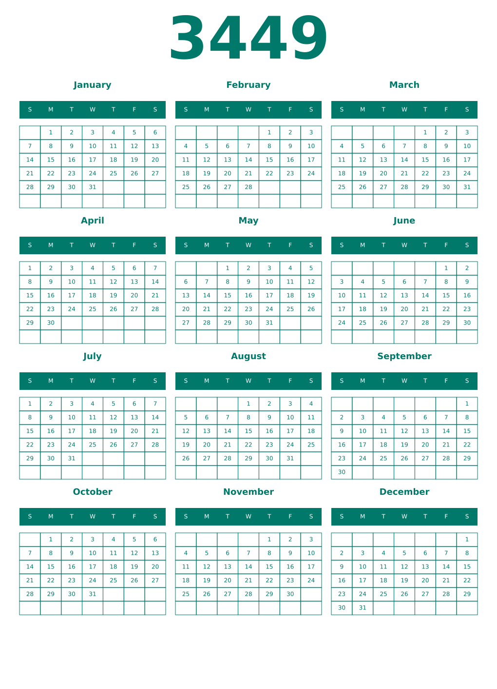Printable 3449 Year Calendars pastel