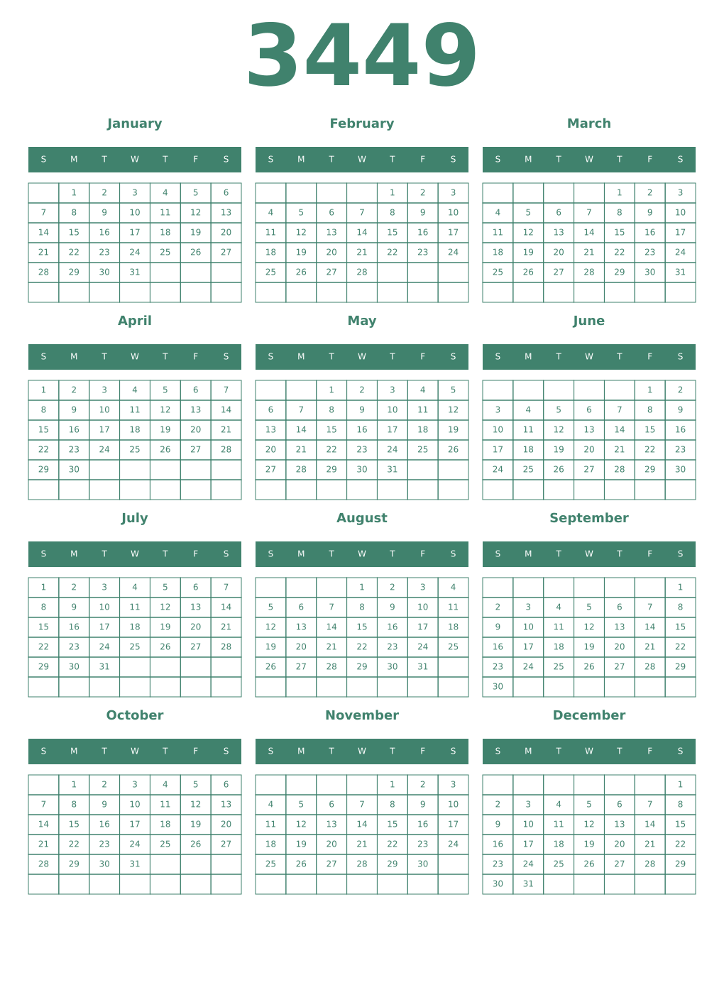 Printable 3449 Year Calendars viridian