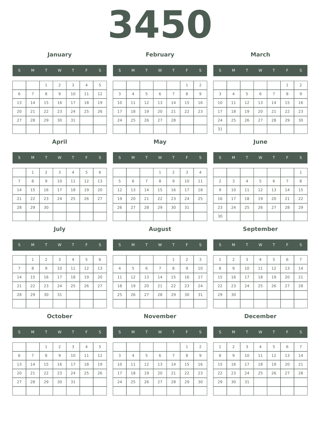 Printable 3450 Year Calendars feldgrau