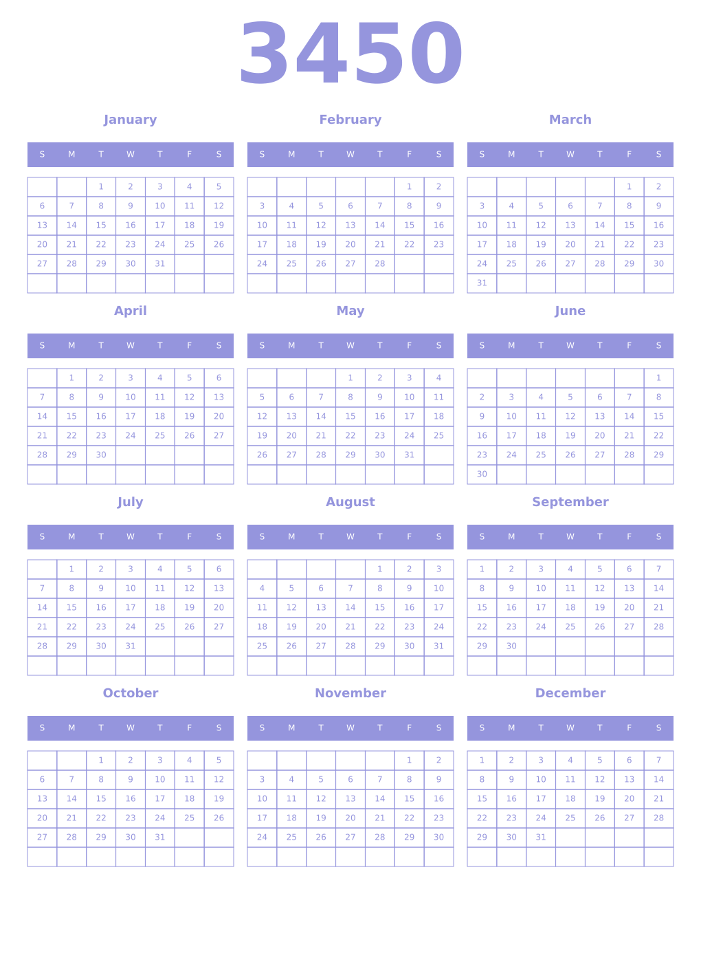 Printable 3450 Year Calendars periwinkle