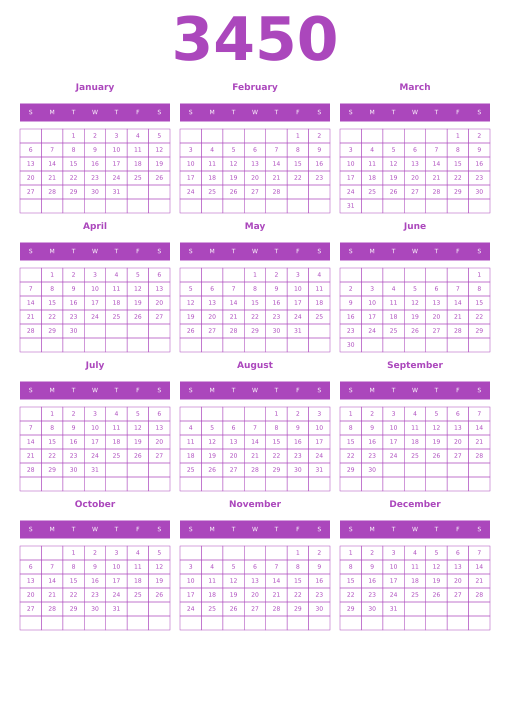 Printable 3450 Year Calendars purple