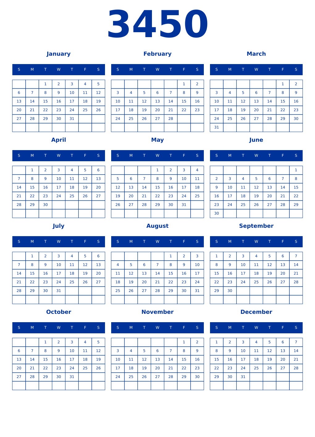 Printable 3450 Year Calendars smalt