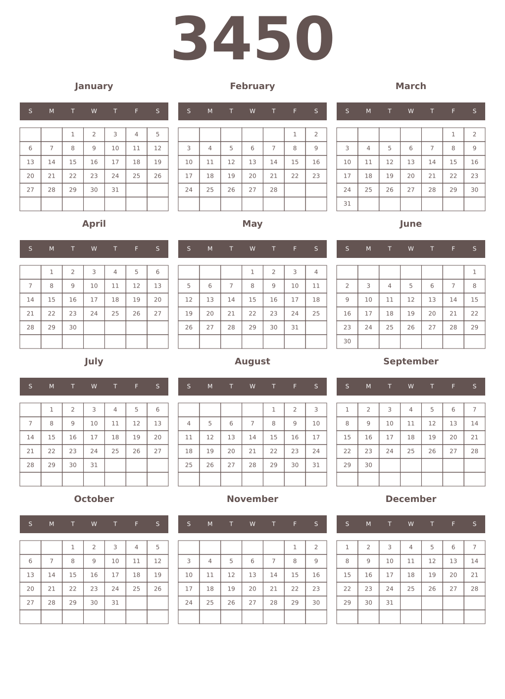 Printable 3450 Year Calendars wenge