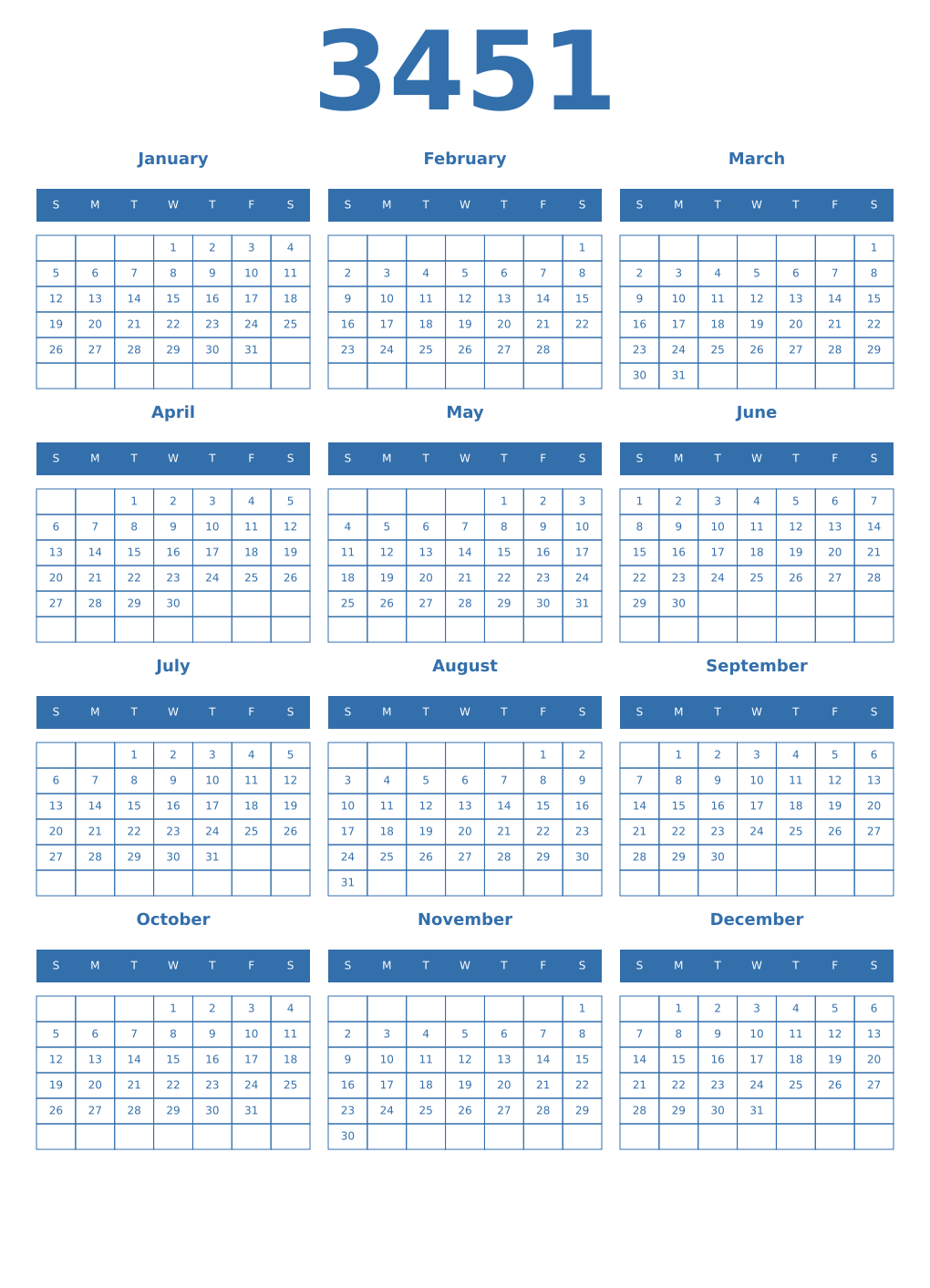 Printable 3451 Year Calendars blue