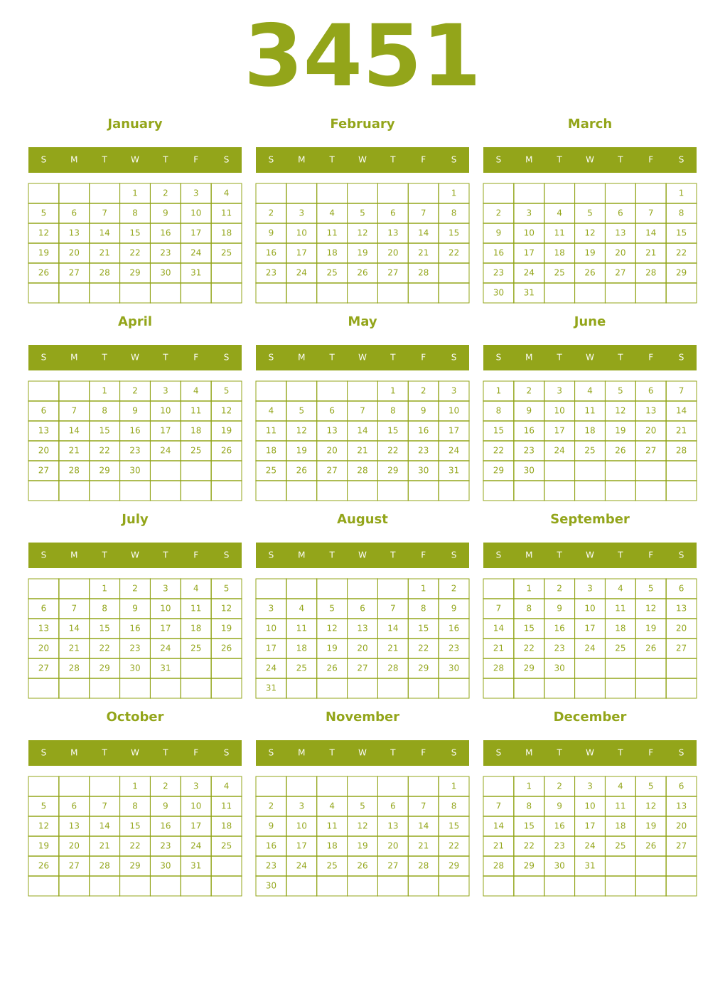 Printable 3451 Year Calendars chartreuse