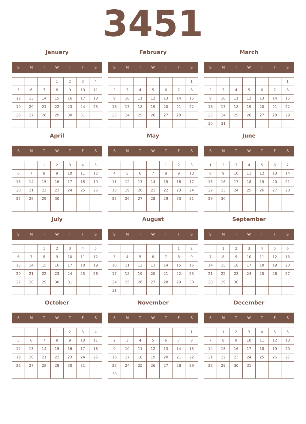 Printable 3451 Year Calendars coffe