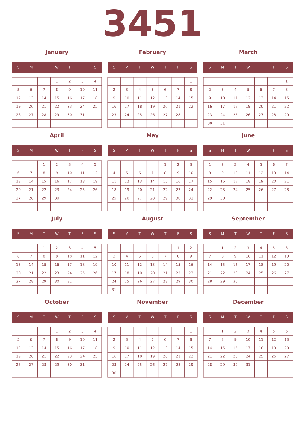 Printable 3451 Year Calendars cordovan