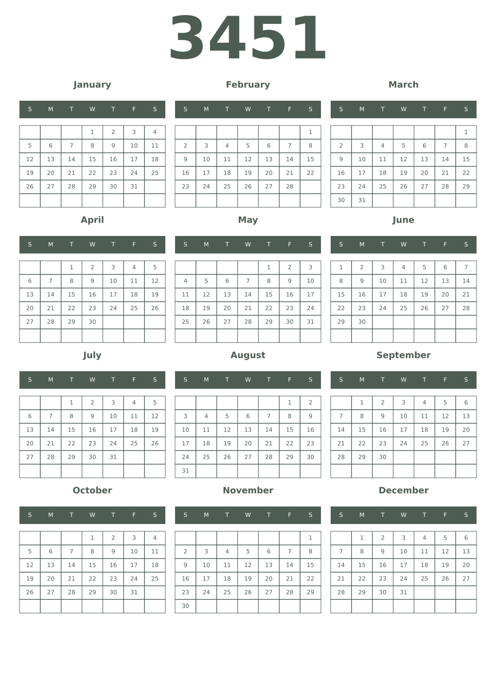 Printable 3451 Year Calendars feldgrau
