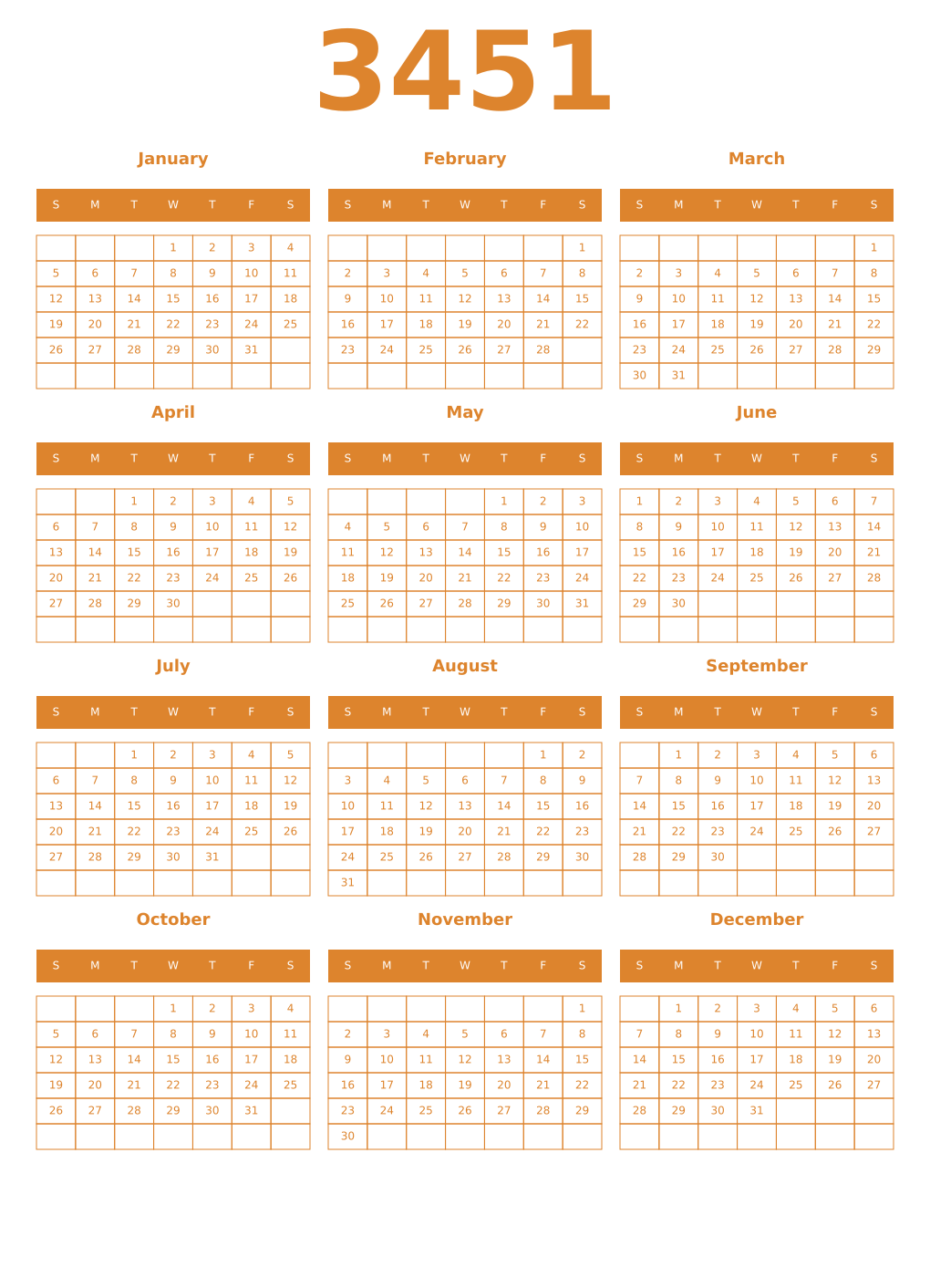 Printable 3451 Year Calendars orange
