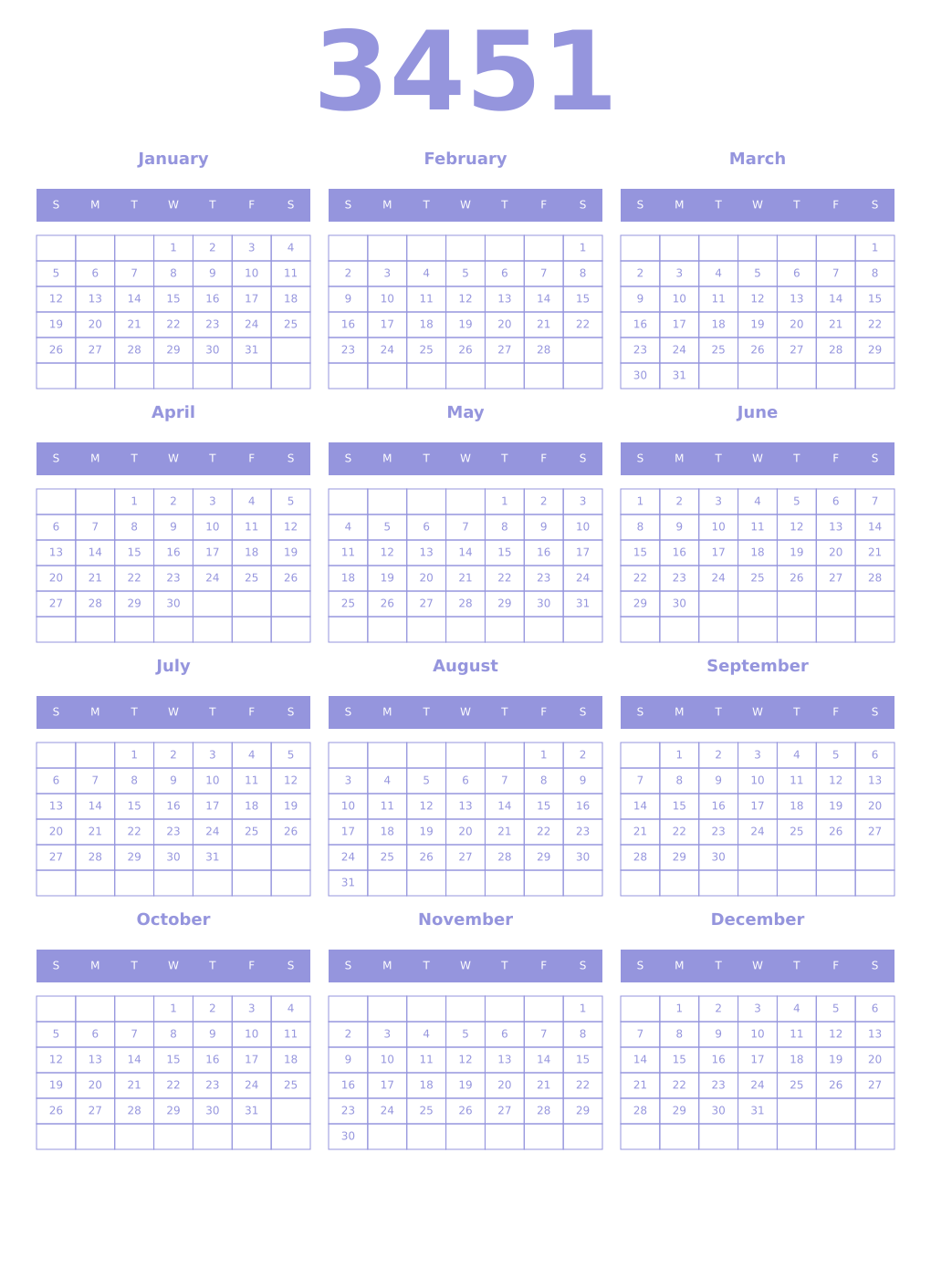 Printable 3451 Year Calendars periwinkle