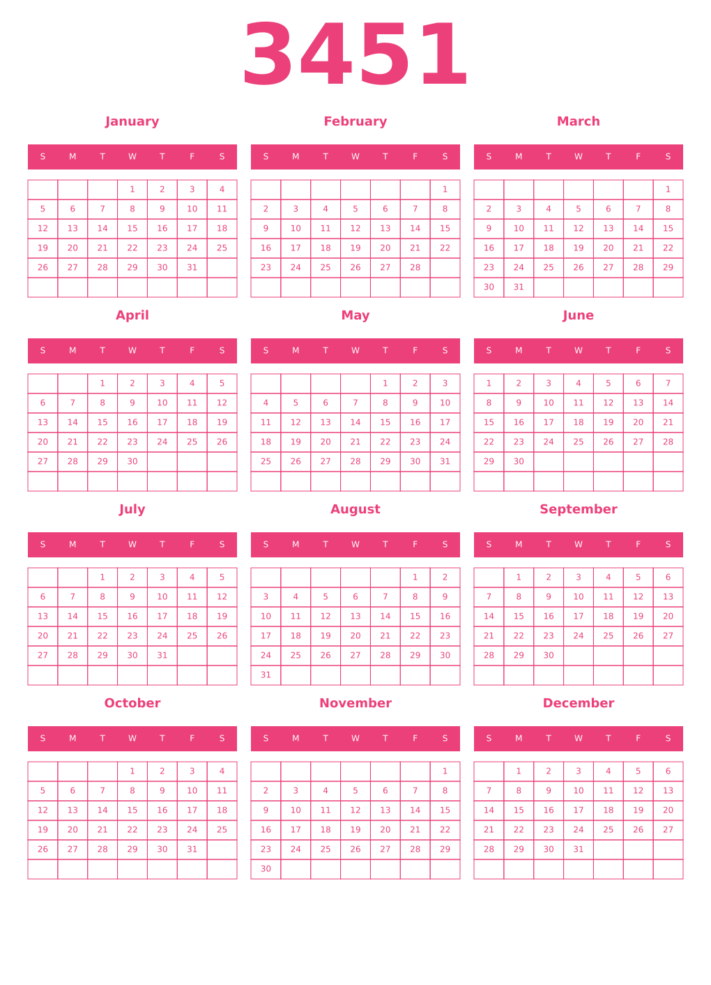 Printable 3451 Year Calendars pink