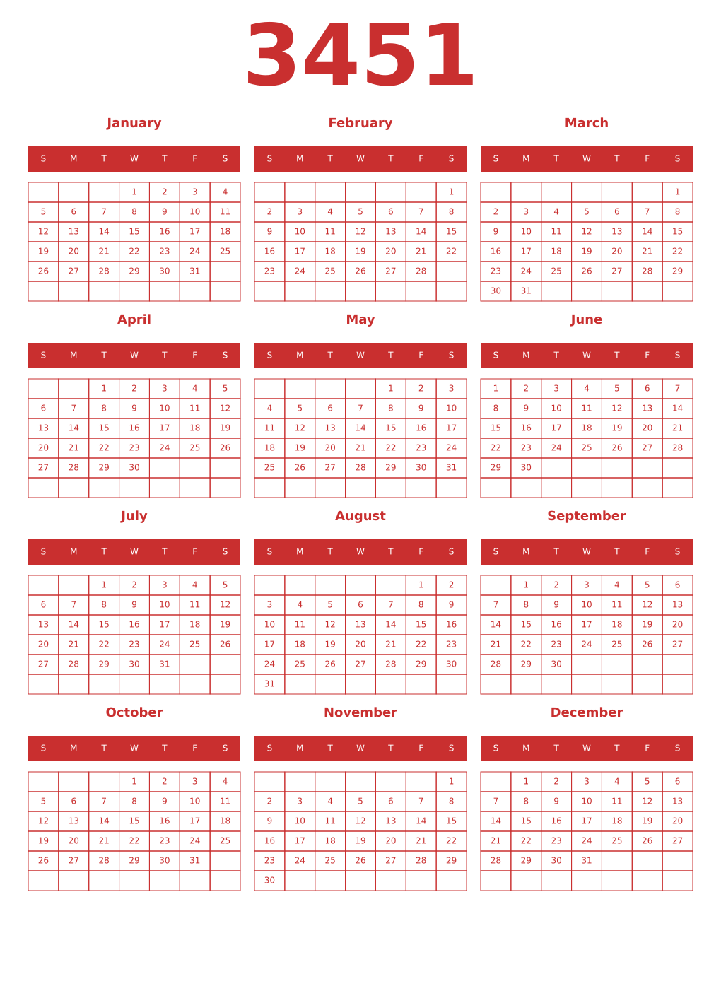 Printable 3451 Year Calendars red