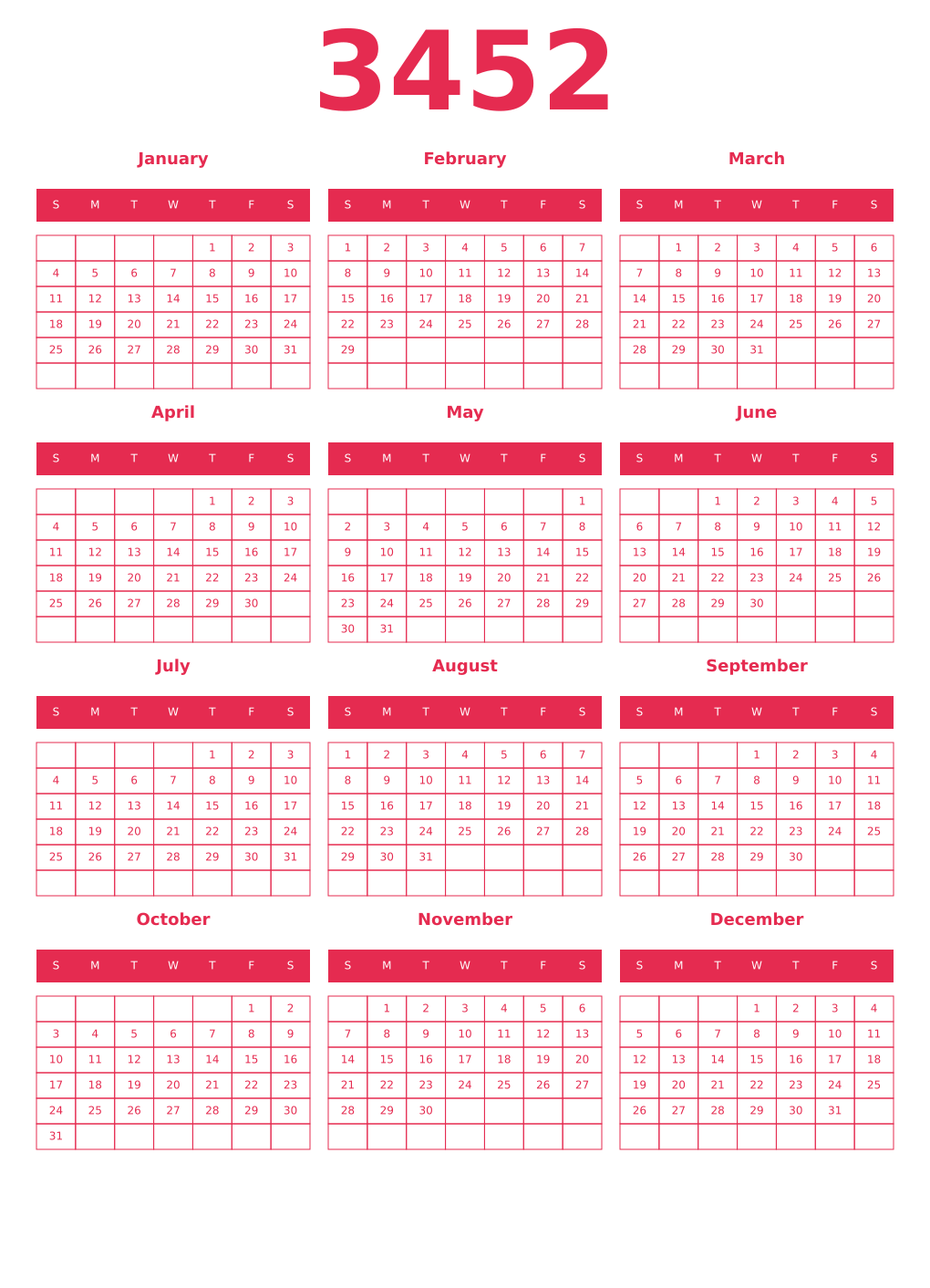 Printable 3452 Year Calendars amaranth