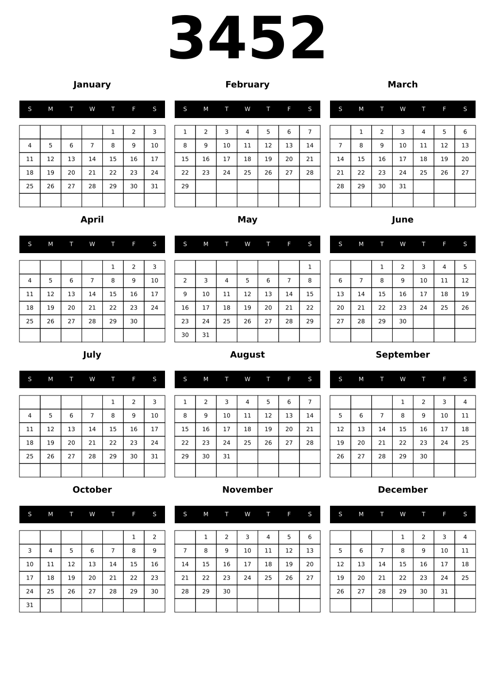 Printable 3452 Year Calendars black