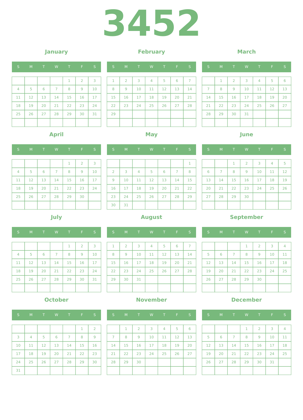 Printable 3452 Year Calendars celadon