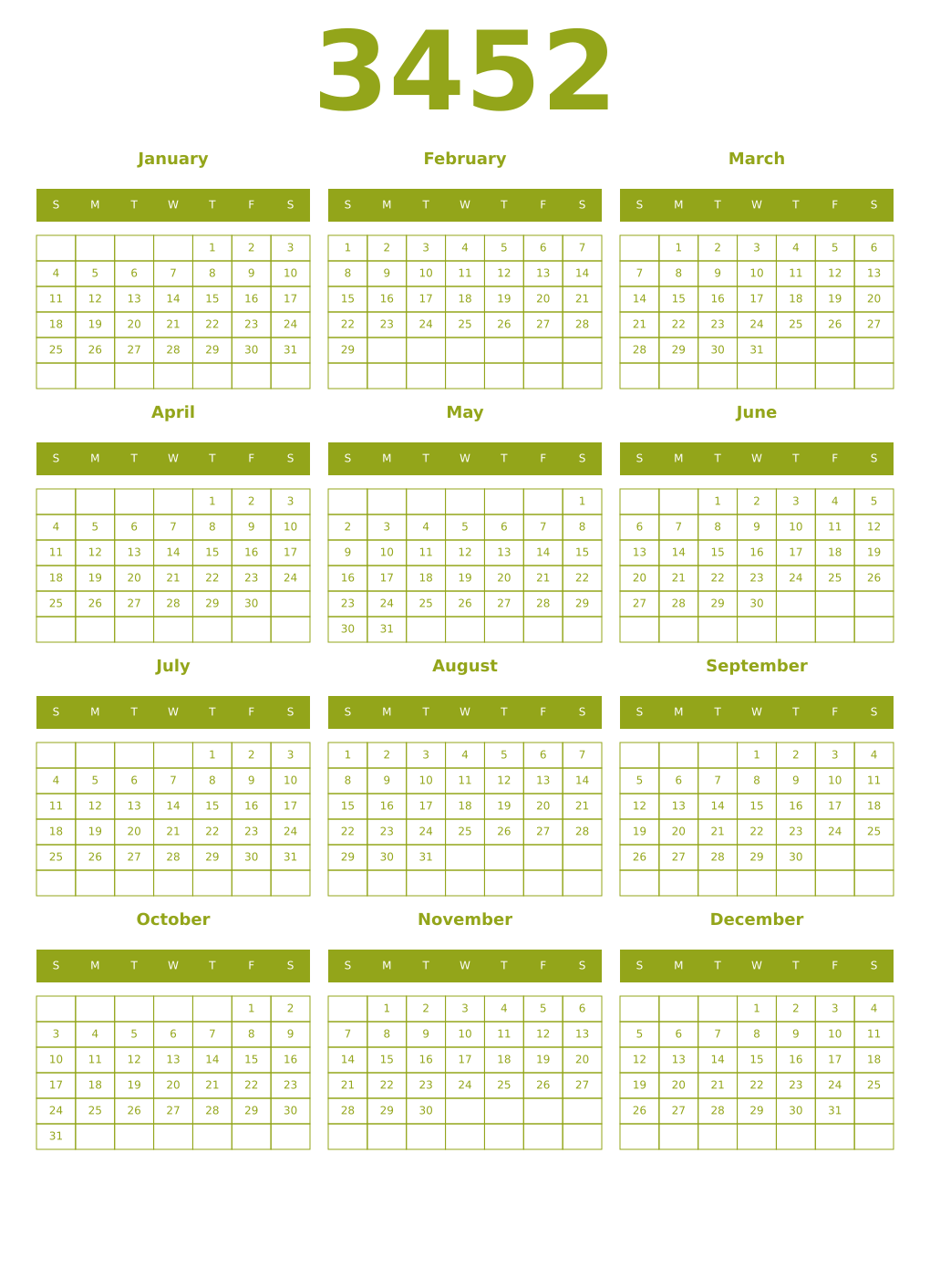 Printable 3452 Year Calendars chartreuse