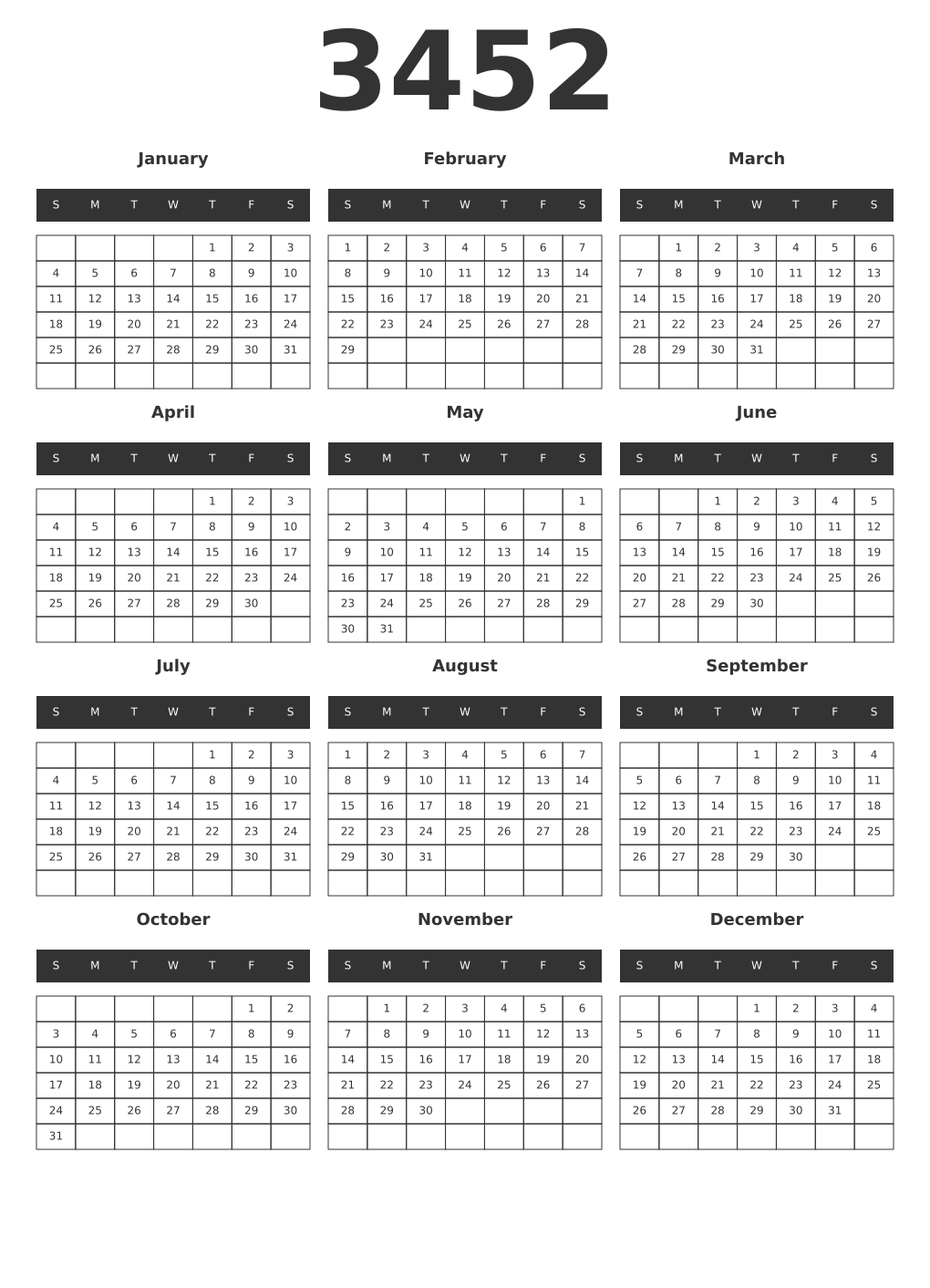 Printable 3452 Year Calendars dark