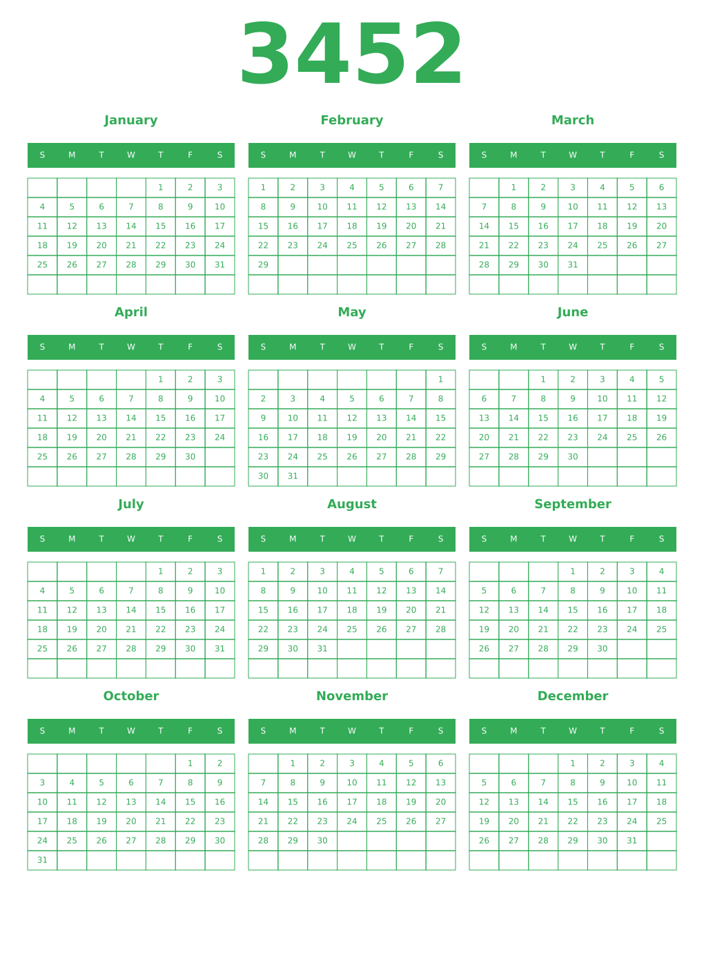 Printable 3452 Year Calendars green
