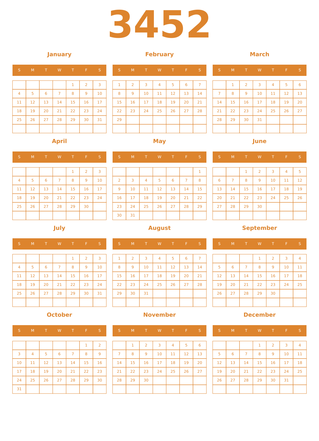 Printable 3452 Year Calendars orange