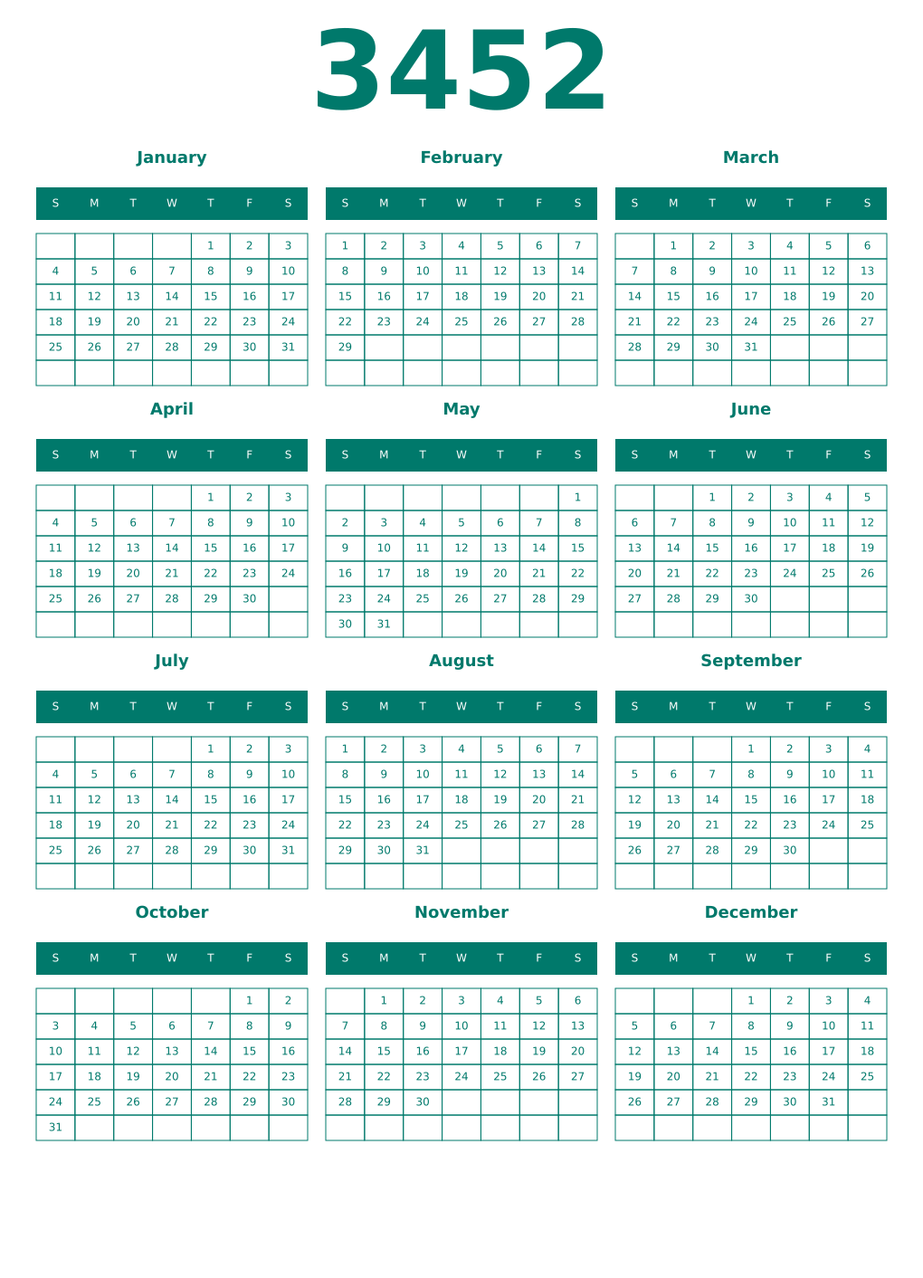 Printable 3452 Year Calendars pastel
