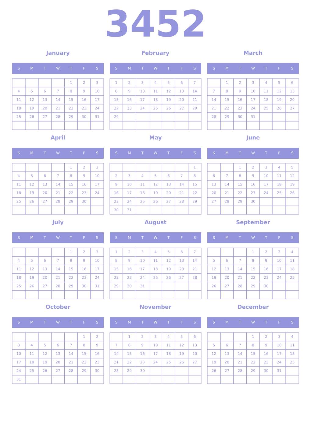 Printable 3452 Year Calendars periwinkle