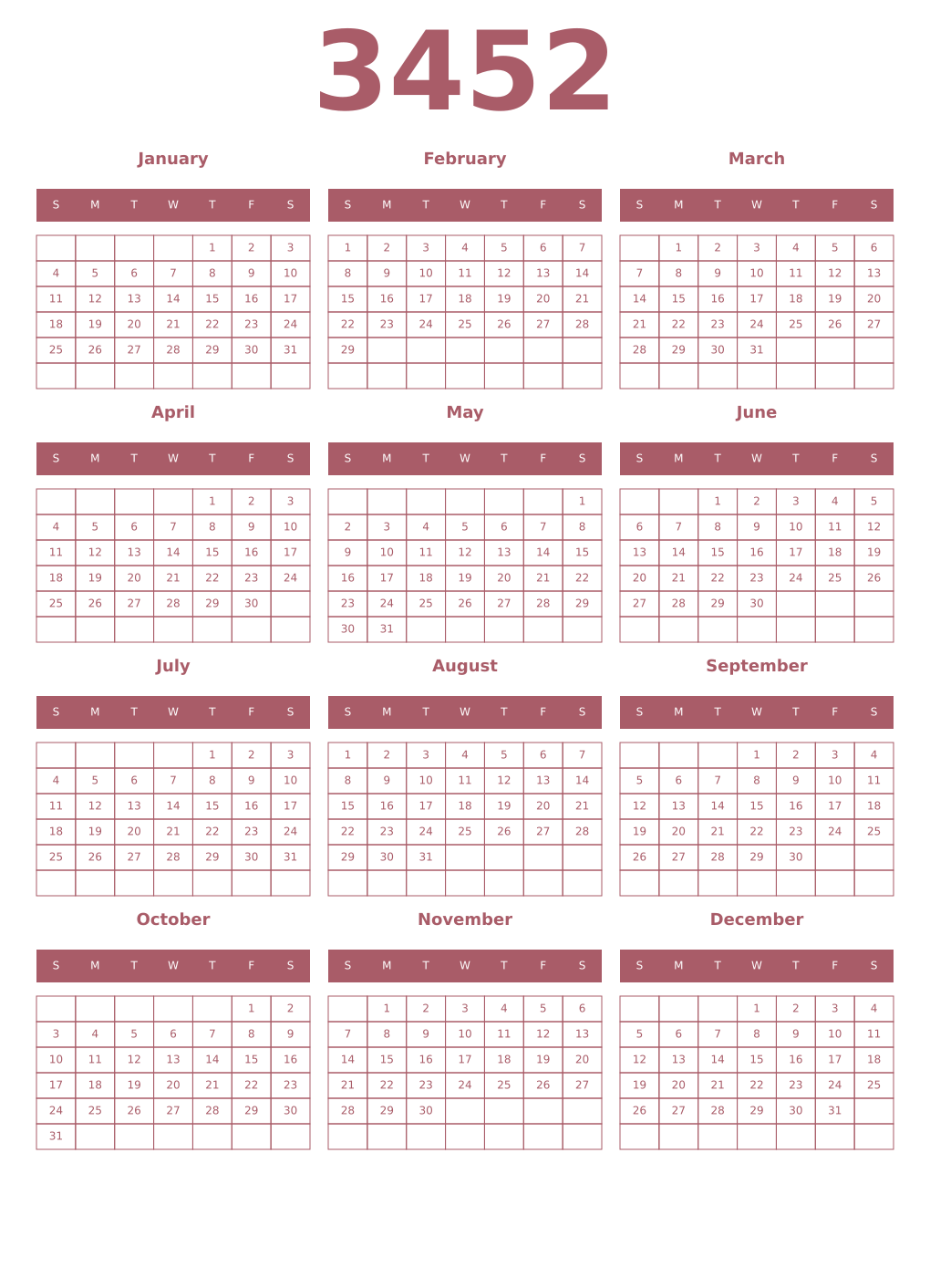 Printable 3452 Year Calendars puce