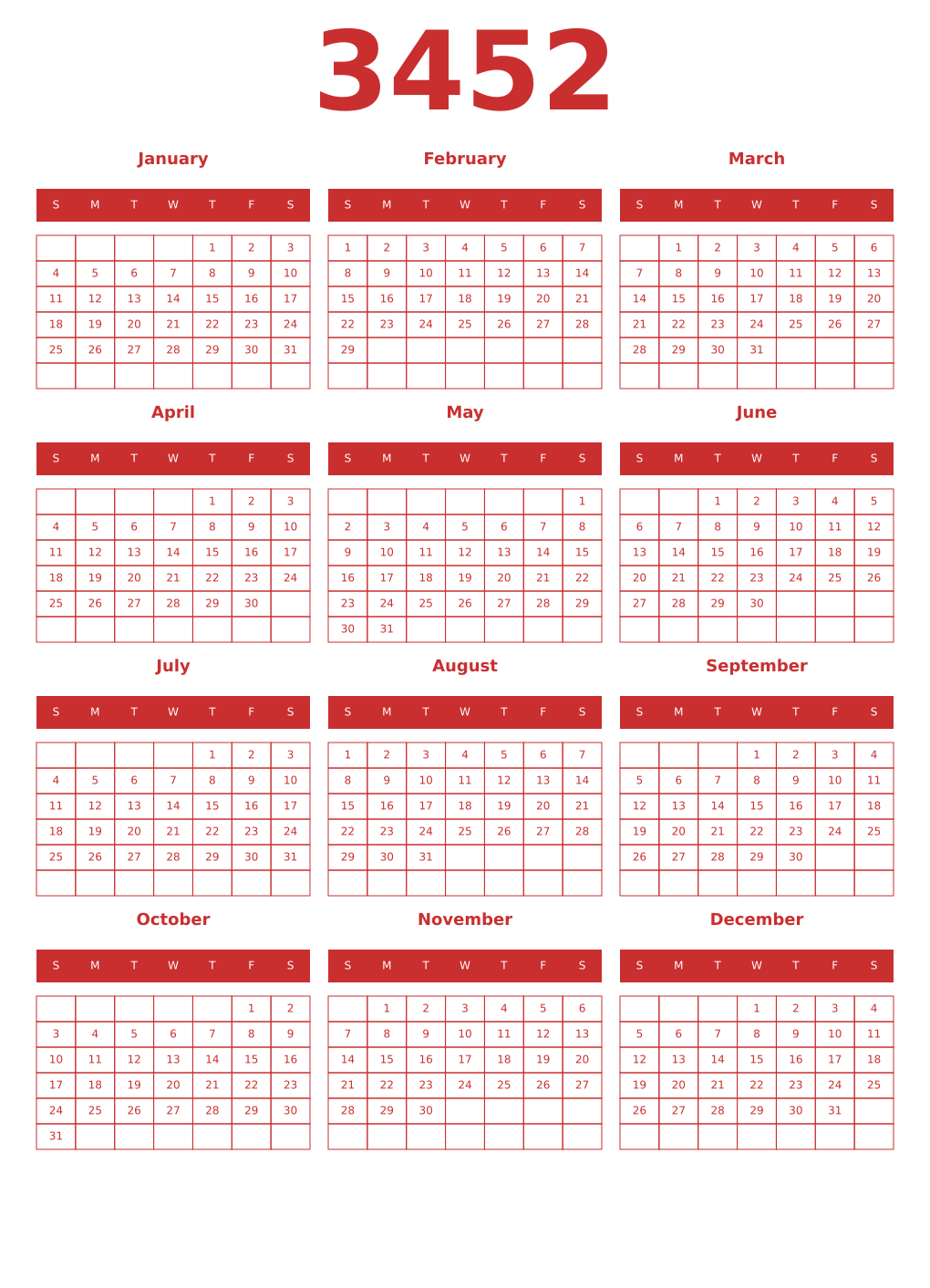 Printable 3452 Year Calendars red