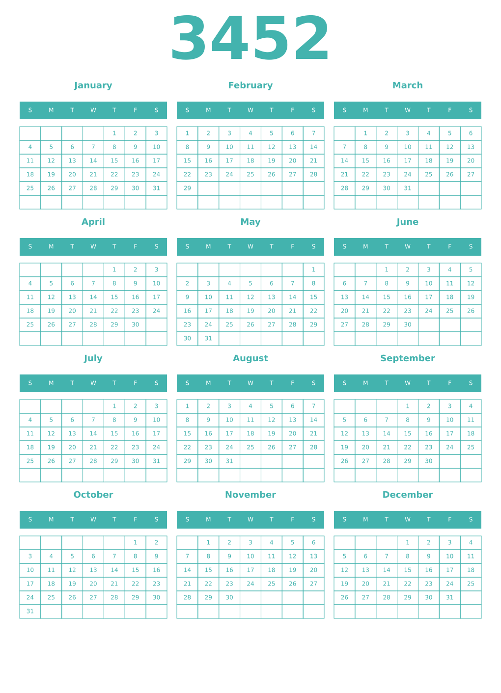Printable 3452 Year Calendars verdigris