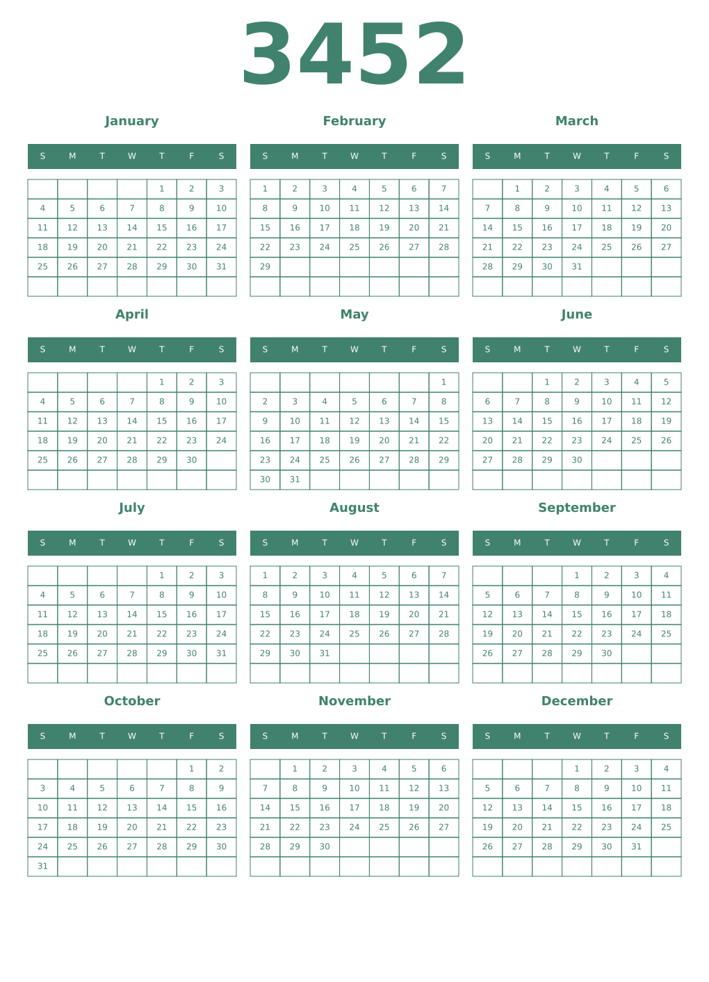 Printable 3452 Year Calendars viridian
