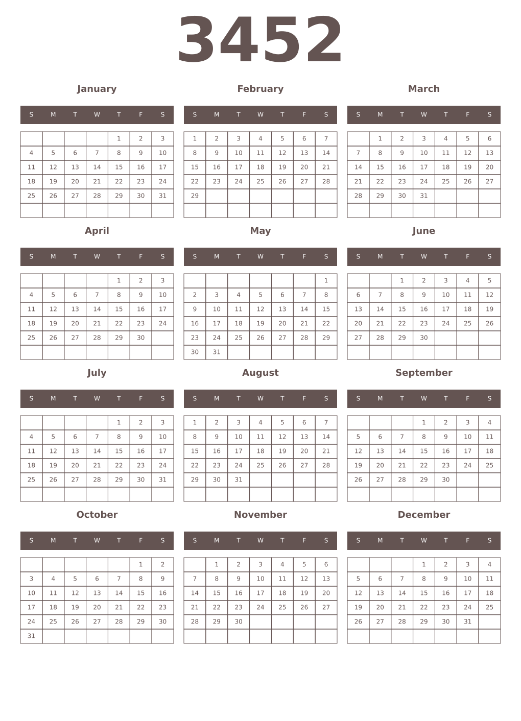 Printable 3452 Year Calendars wenge