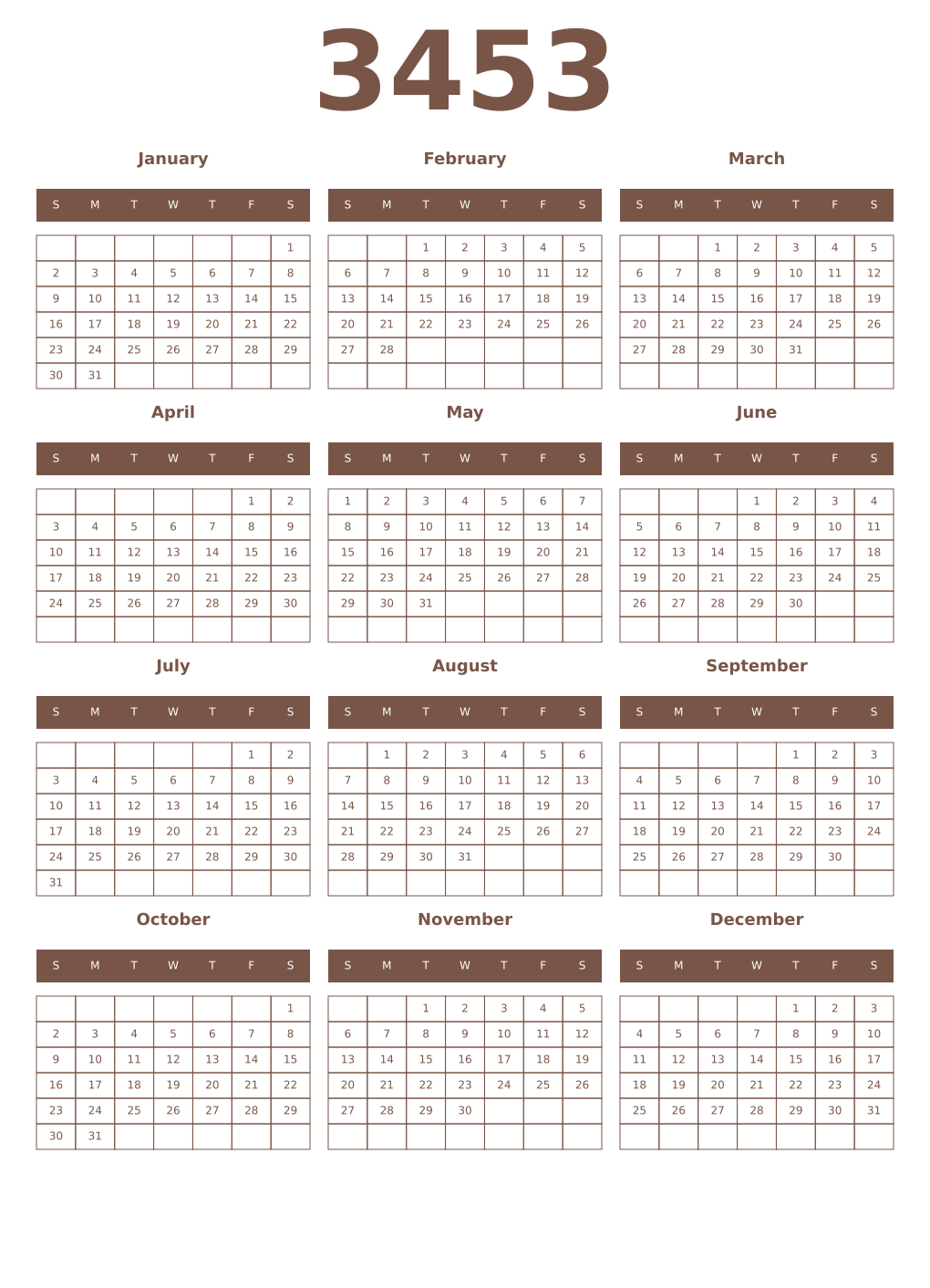 Printable 3453 Year Calendars coffe