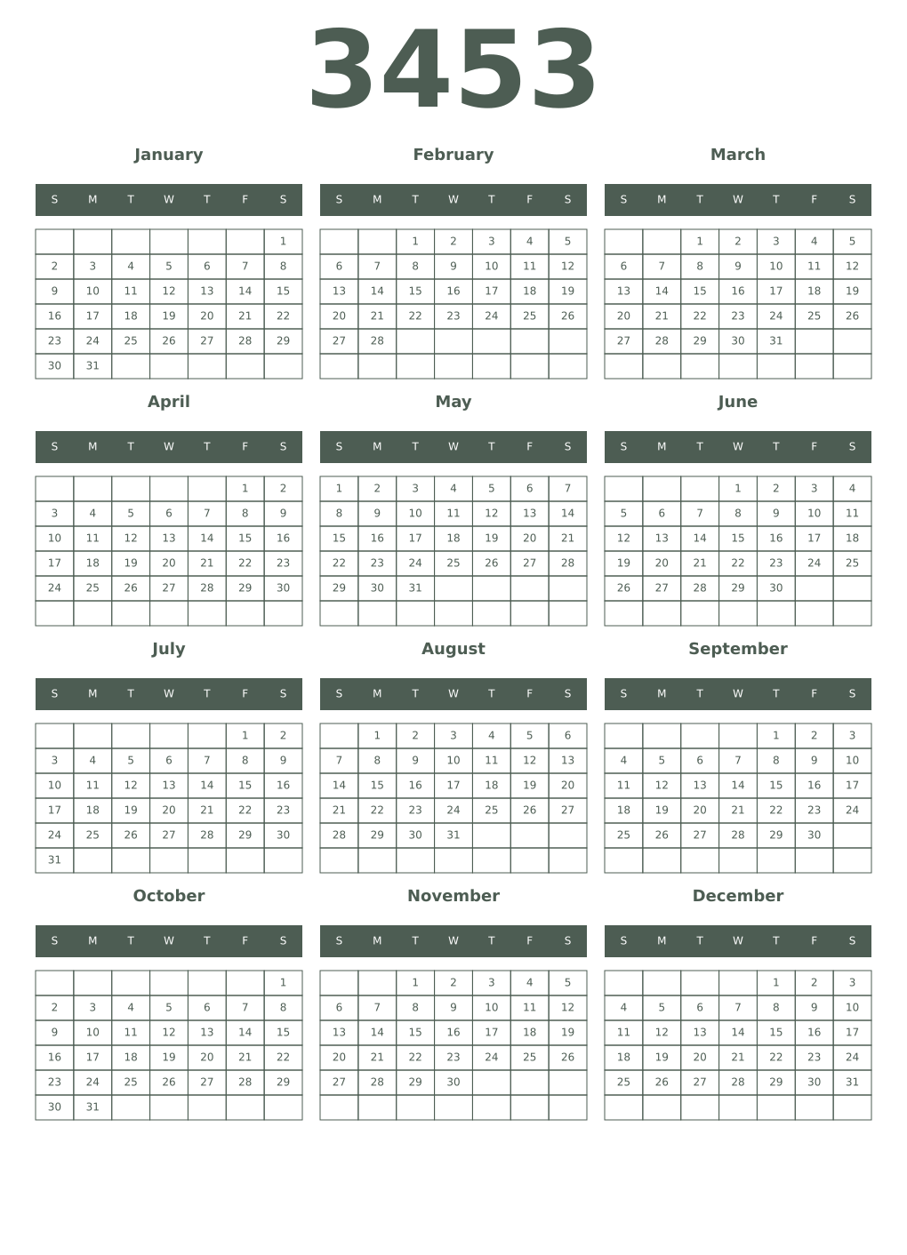 Printable 3453 Year Calendars feldgrau
