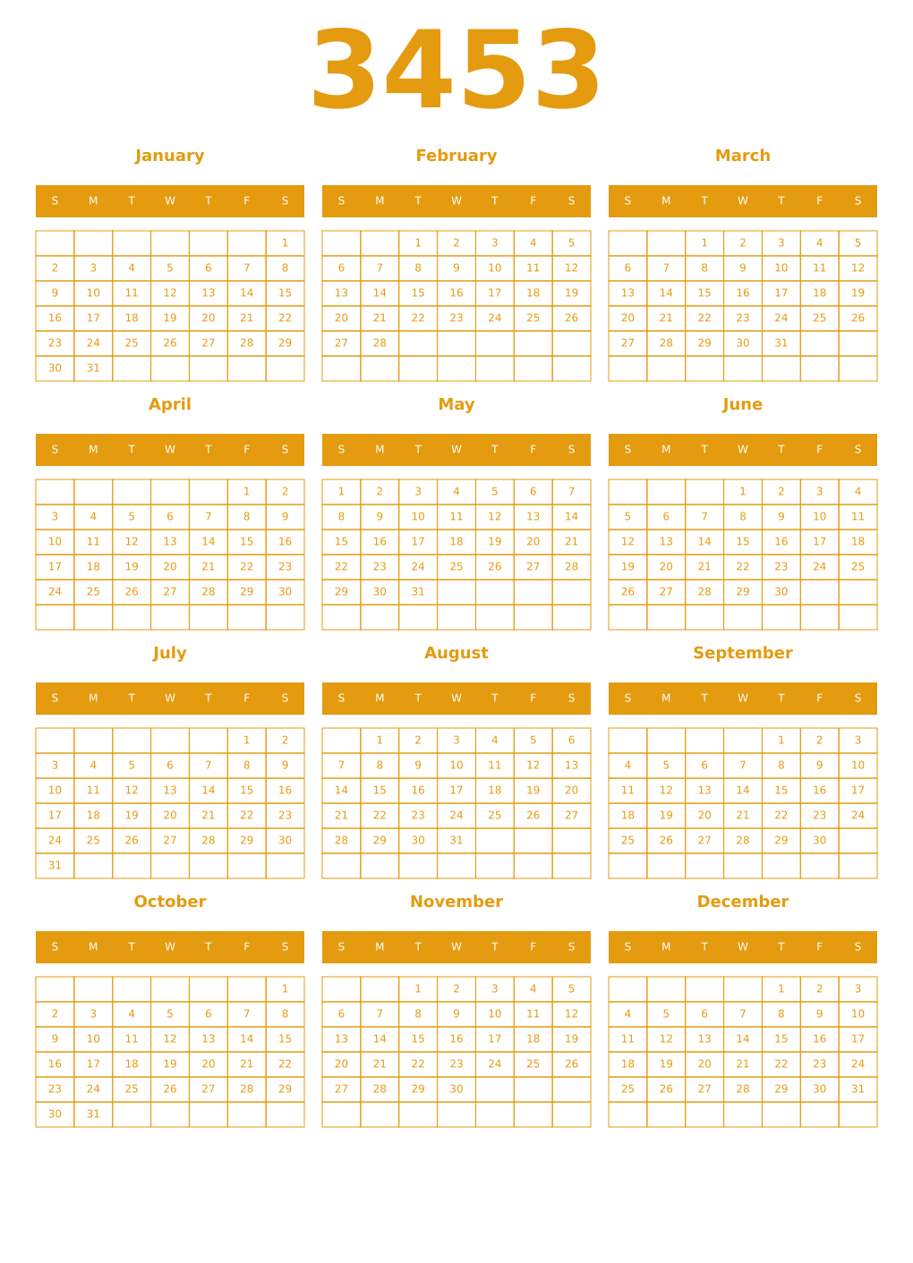 Printable 3453 Year Calendars gamboge