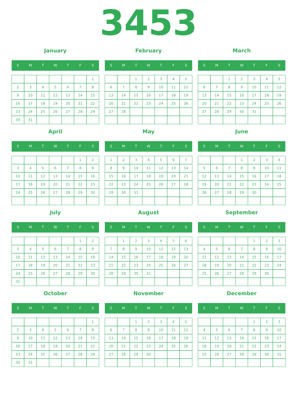 Printable 3453 Year Calendars green