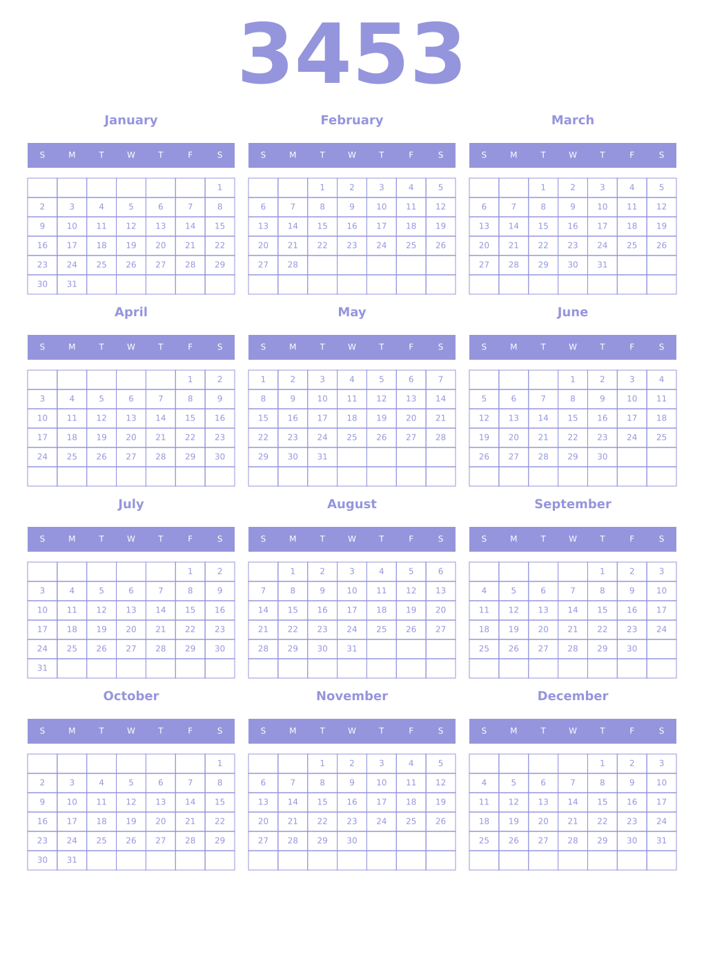 Printable 3453 Year Calendars periwinkle