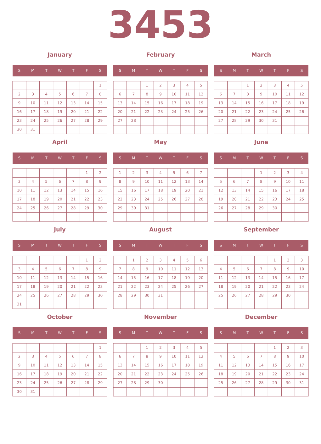 Printable 3453 Year Calendars puce