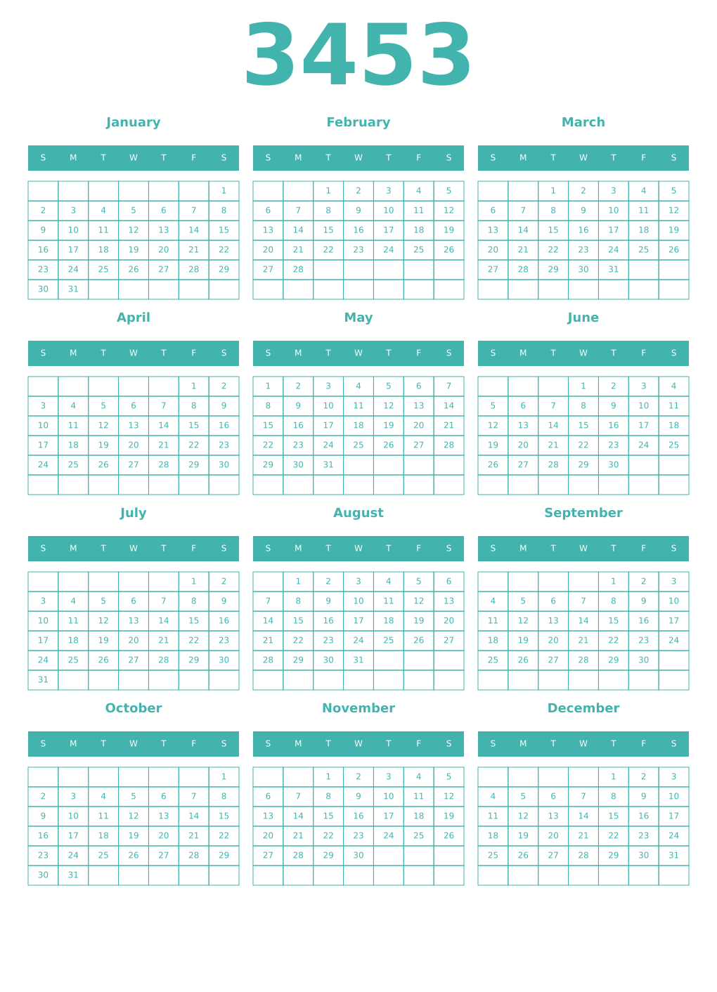 Printable 3453 Year Calendars verdigris