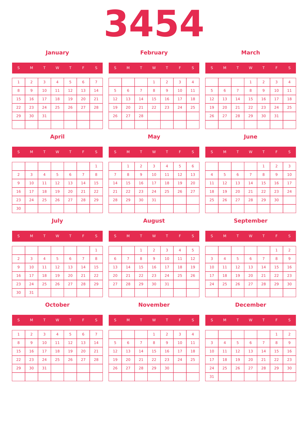 Printable 3454 Year Calendars amaranth