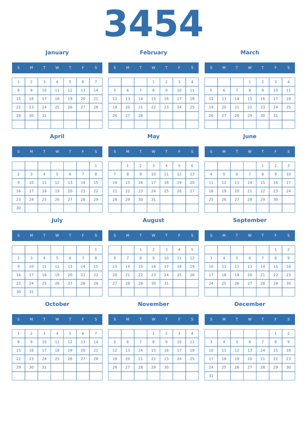 Printable 3454 Year Calendars blue