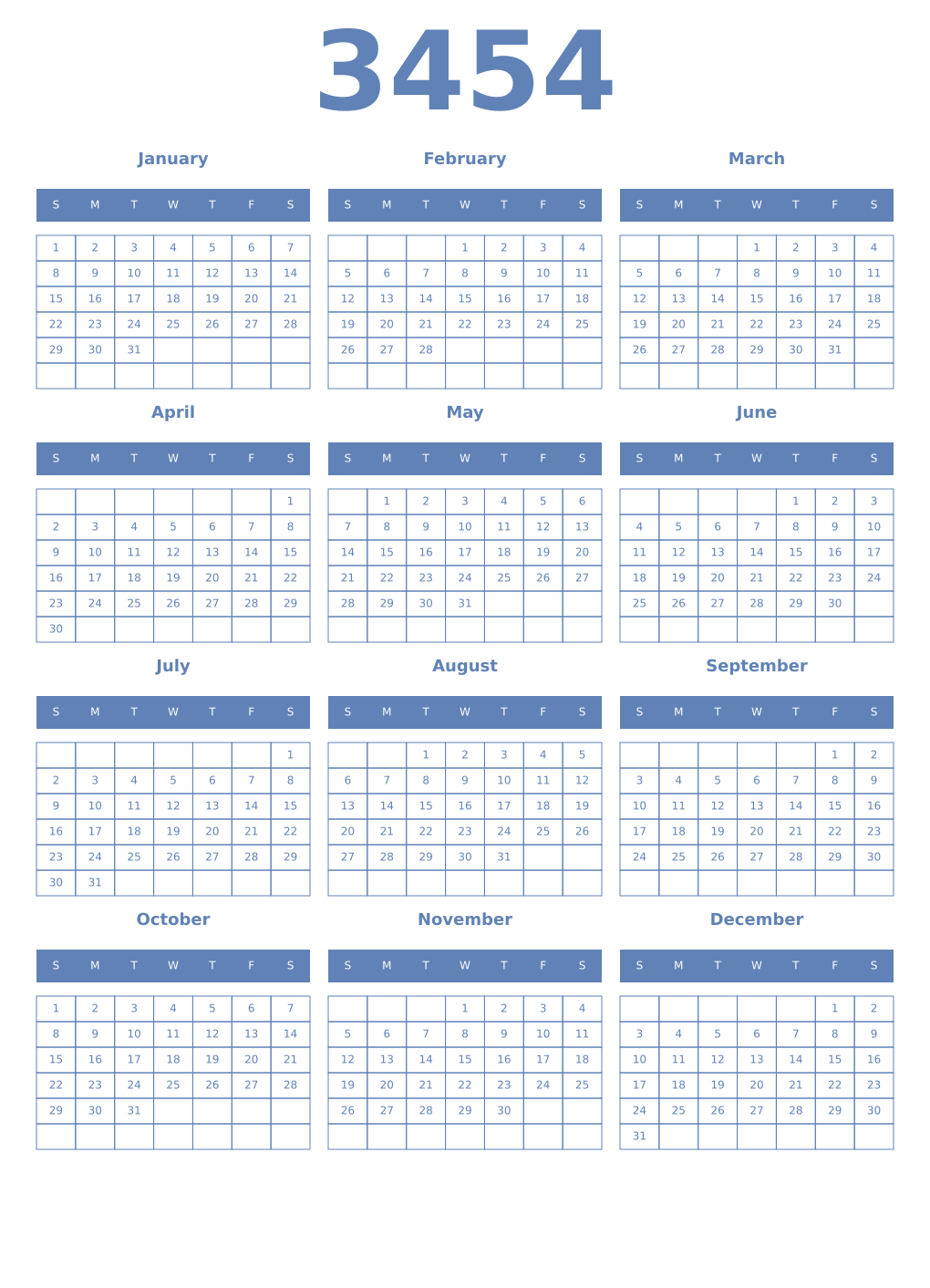 Printable 3454 Year Calendars glaucous