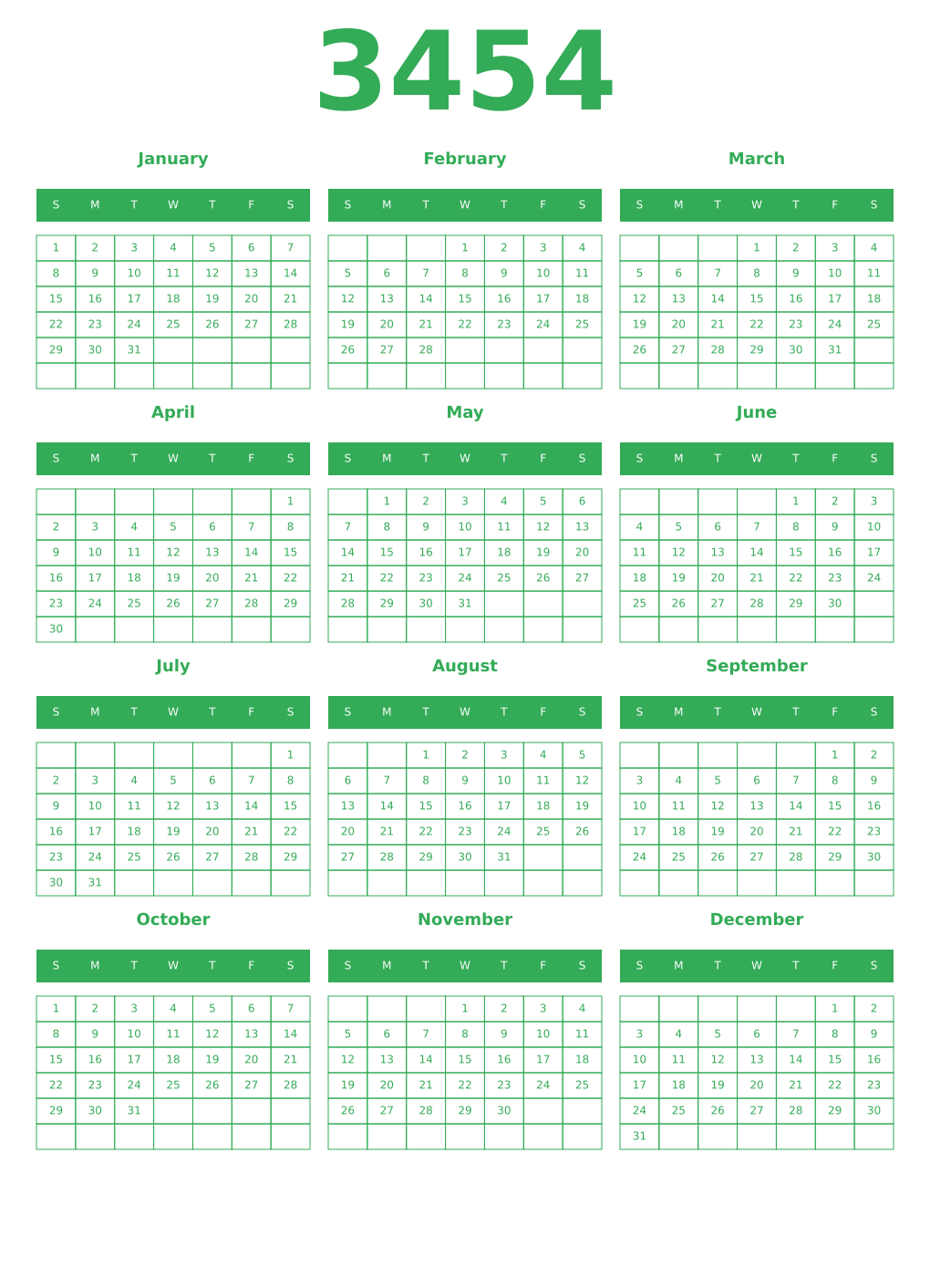 Printable 3454 Year Calendars green