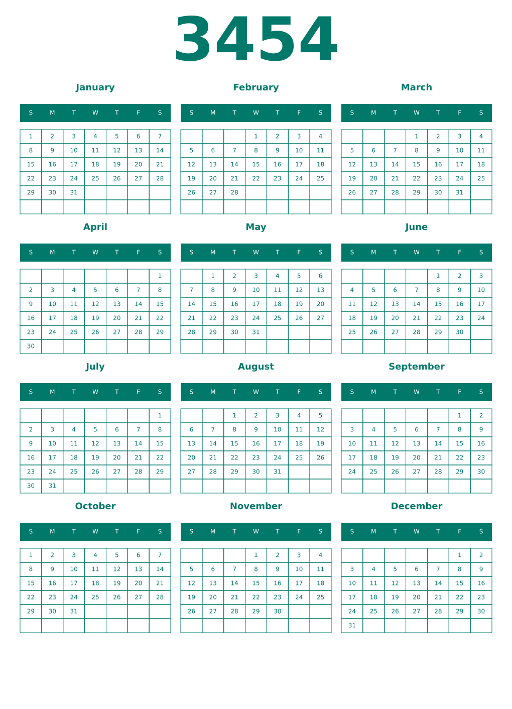 Printable 3454 Year Calendars pastel