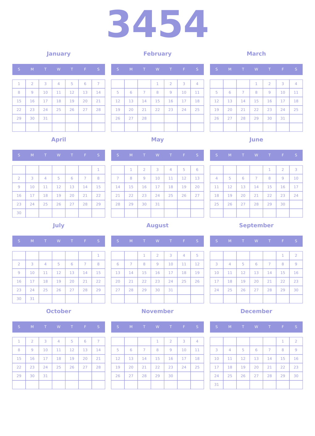 Printable 3454 Year Calendars periwinkle