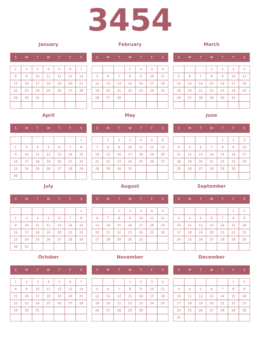 Printable 3454 Year Calendars puce