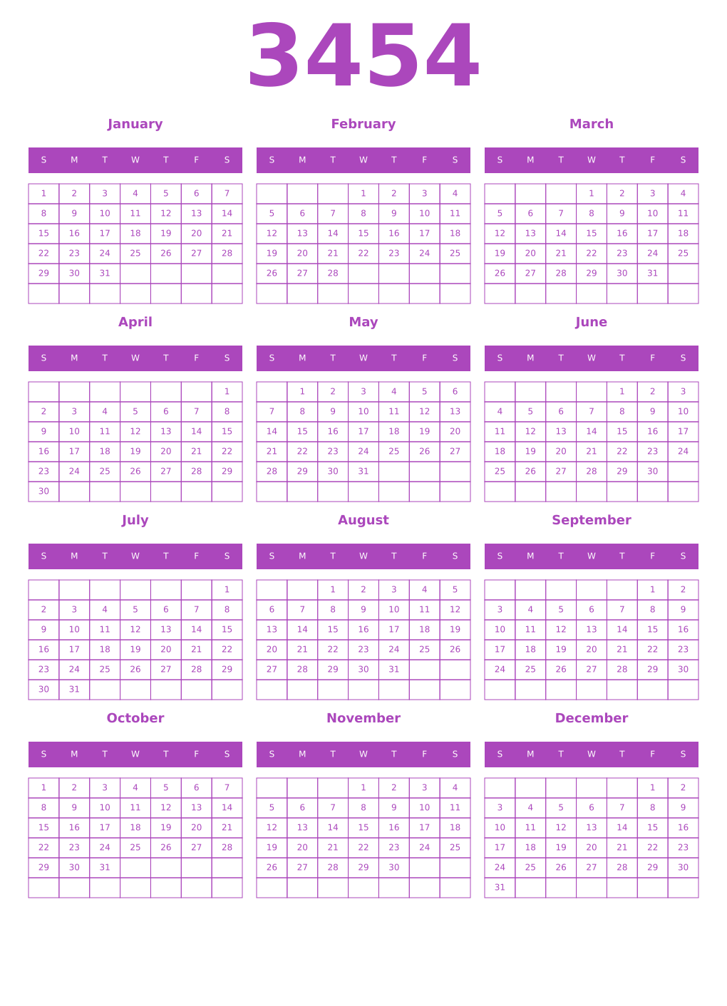 Printable 3454 Year Calendars purple