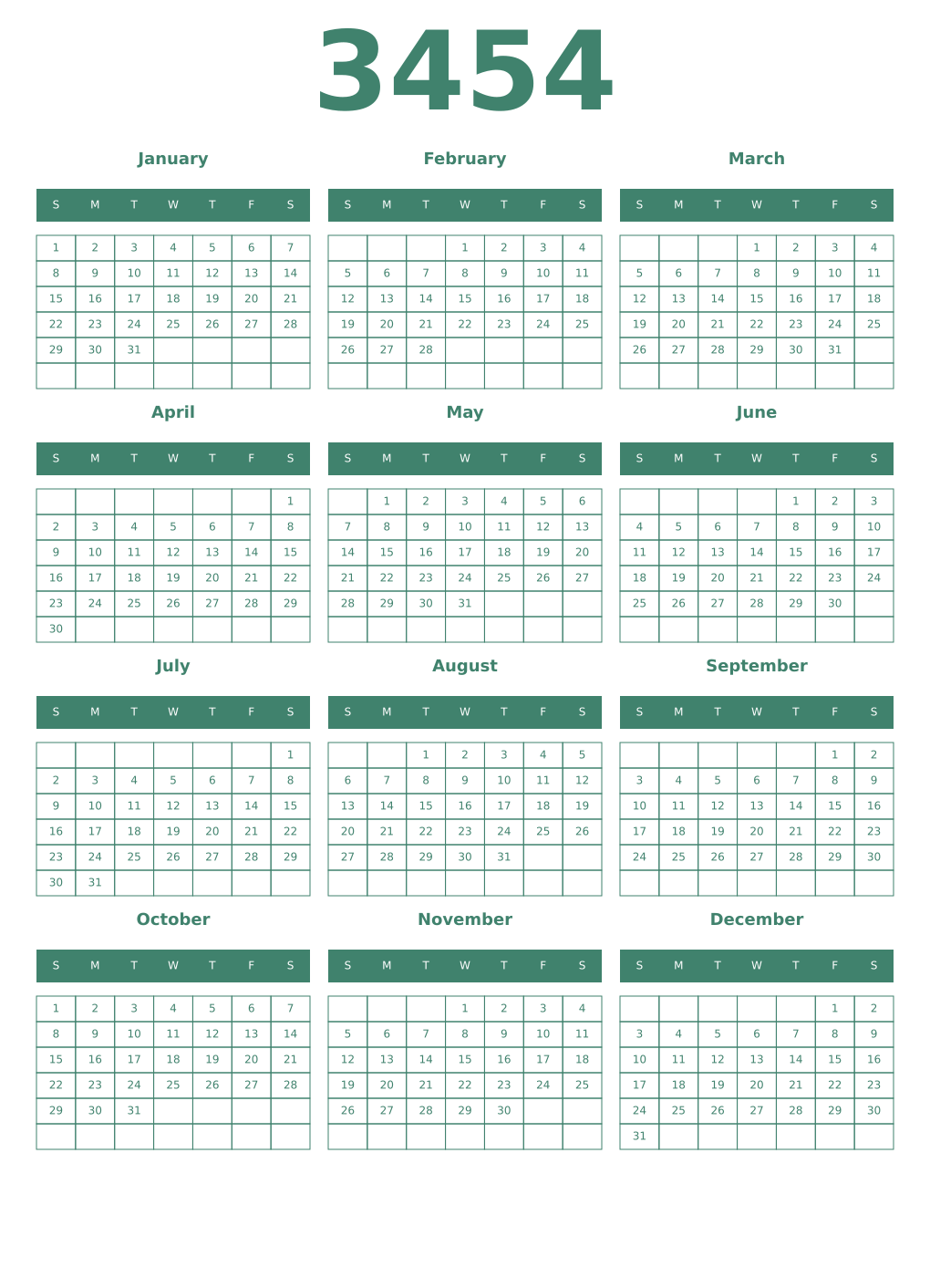 Printable 3454 Year Calendars viridian