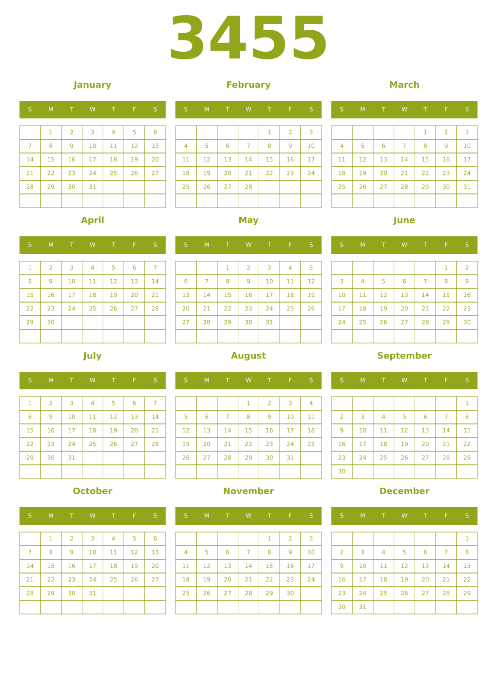 Printable 3455 Year Calendars chartreuse