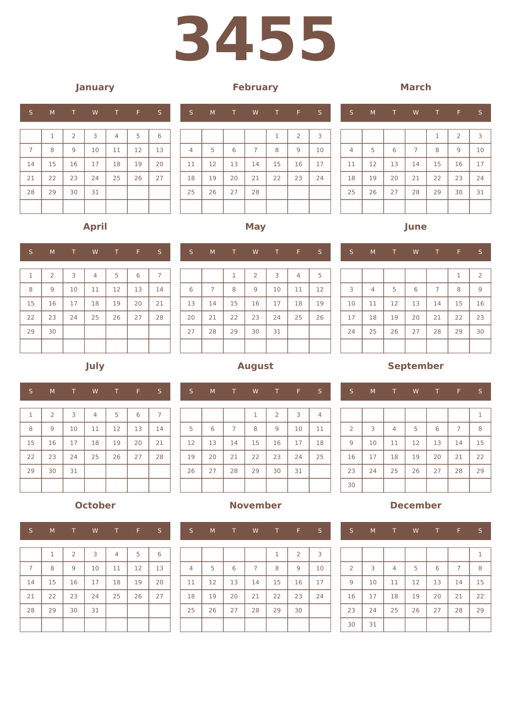 Printable 3455 Year Calendars coffe