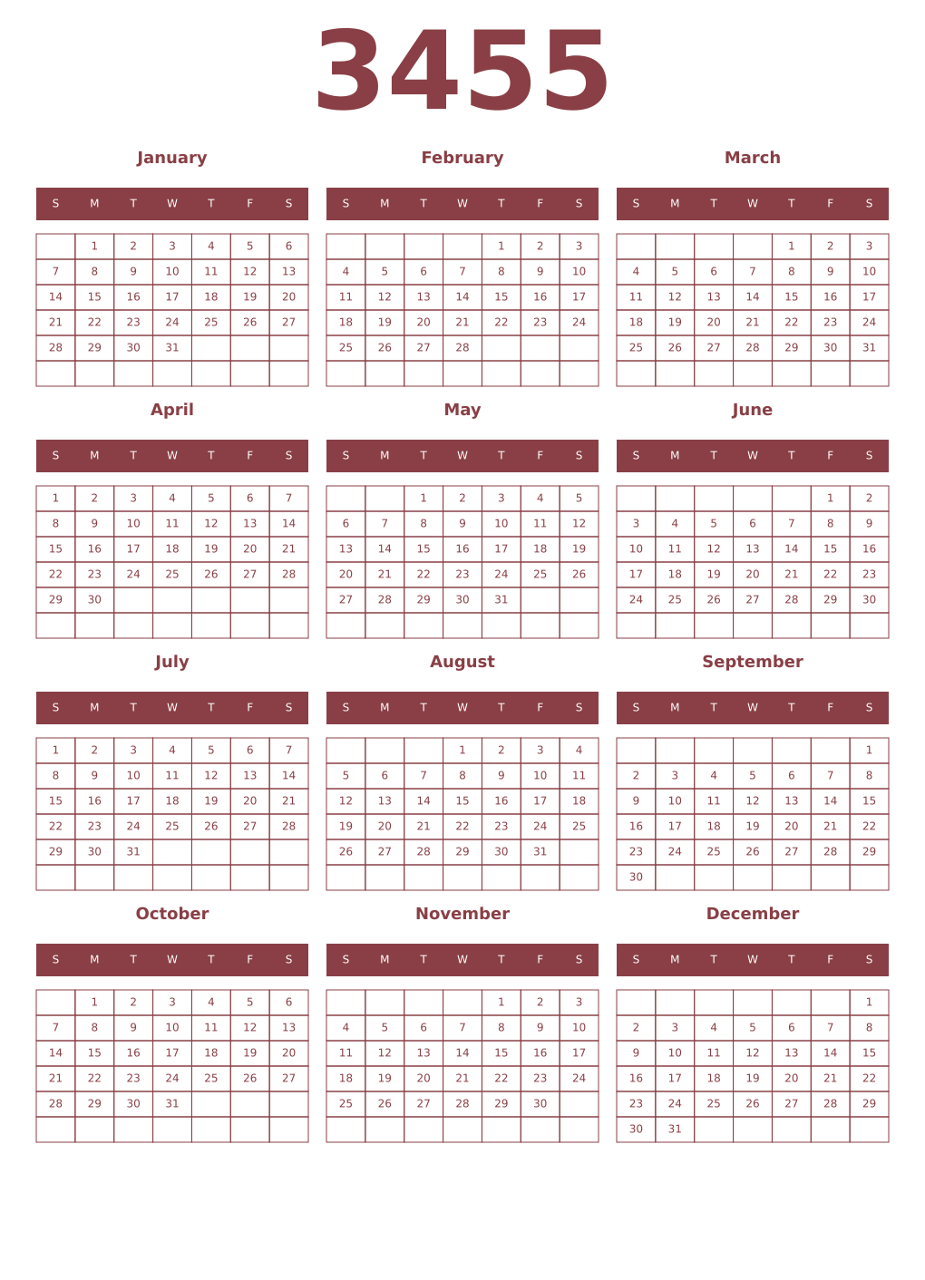 Printable 3455 Year Calendars cordovan