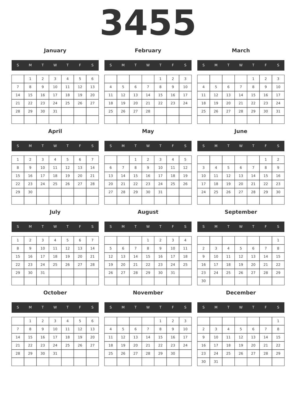 Printable 3455 Year Calendars dark